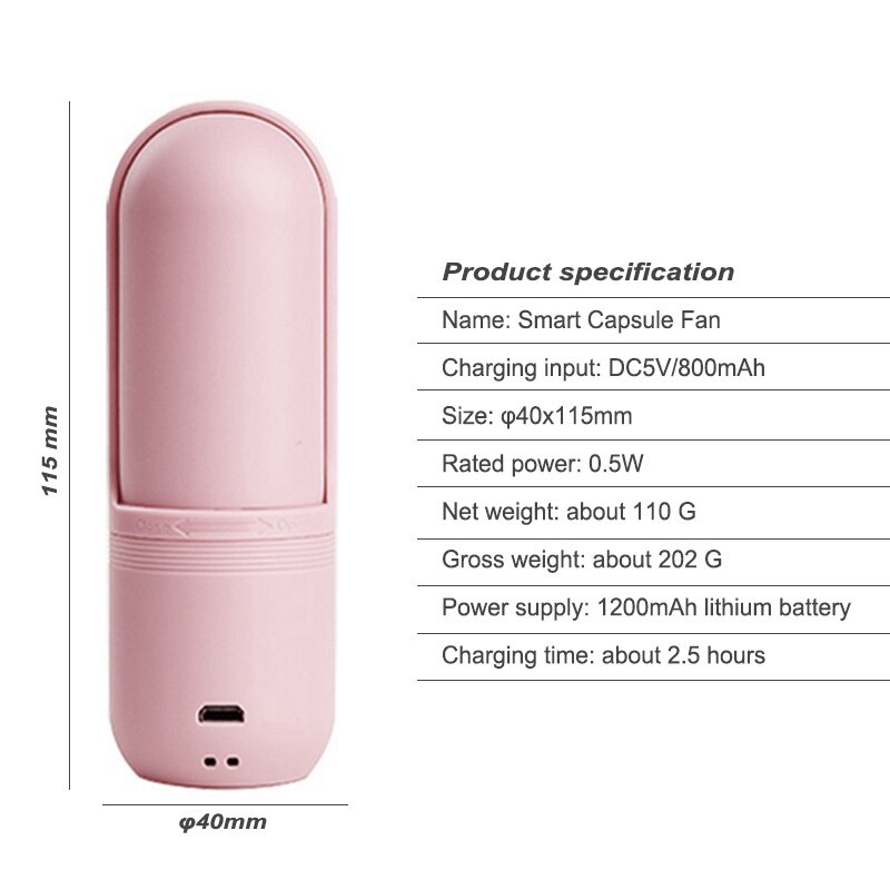 Intelligenter kapselventilator, tragbar, mit wiederaufladbarem akku und 800ma usb-anschlüssen, mini-handventilator für den sommer, ideal für reisen