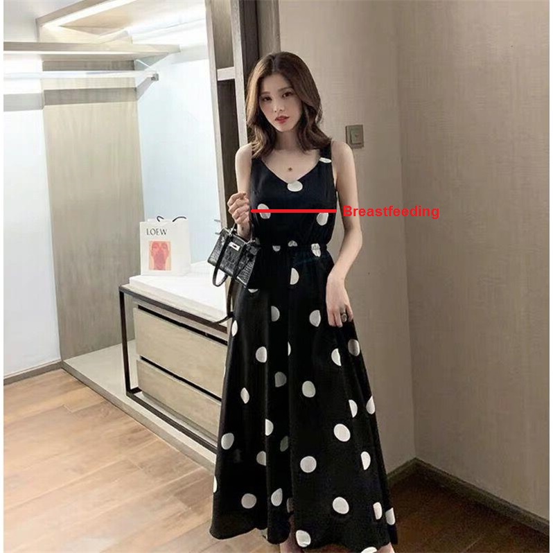 Robe longue sans manches à pois pour femmes enceintes, vêtements d&#39;allaitement, col rond, décontracté, puerbera, nouvelle ,: Black / XXL