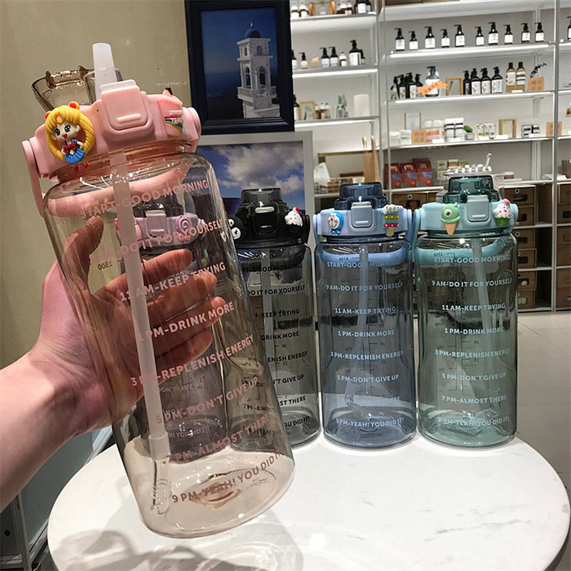 2L Large Capacity Water Bottle Straw Cup High Temperature Plastic Water Cup Time Scale Frosted Outdoor Sports Student Couple Cup