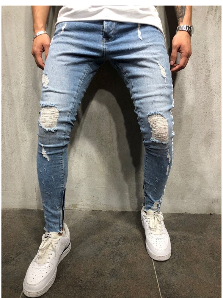 Homme jean slim motard détruit effiloché coupe Denim déchiré Denim pantalon rayure latérale Jogging crayon pantalon: Light blue / 4XL