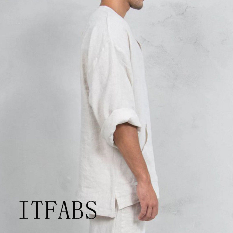 Hommes à manches longues chemise en lin lâche été décontracté col en v dessus de chemise M-3XL Tee-Shirt ethnique lâche grande taille couleur unie chemises