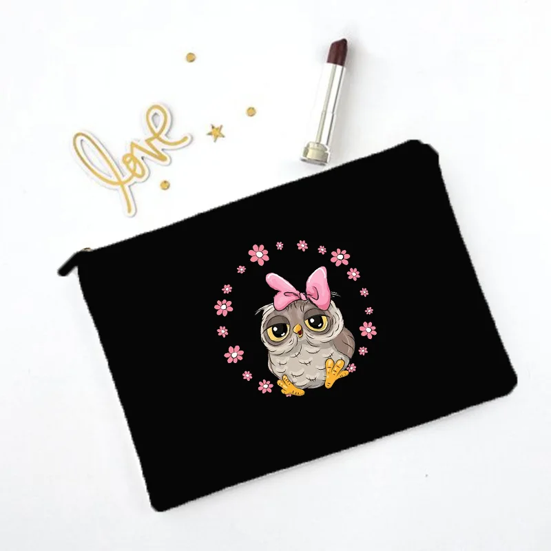 Sac de maquillage imprimé hibou de dessin animé, nécessaire de voyage, pochette de rangement de toilette pour femmes, sacs à cosmétiques en toile à fermeture éclair, meilleur: Black