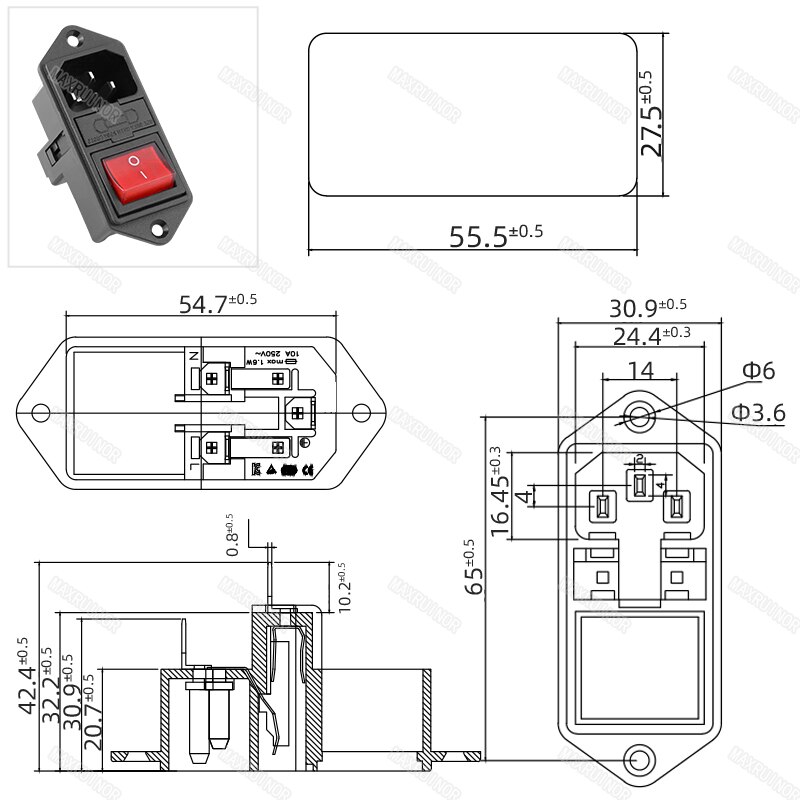 Rocker Switch with double fuse AC socket full copper Red Light 10A 250V 3Pins Black green red