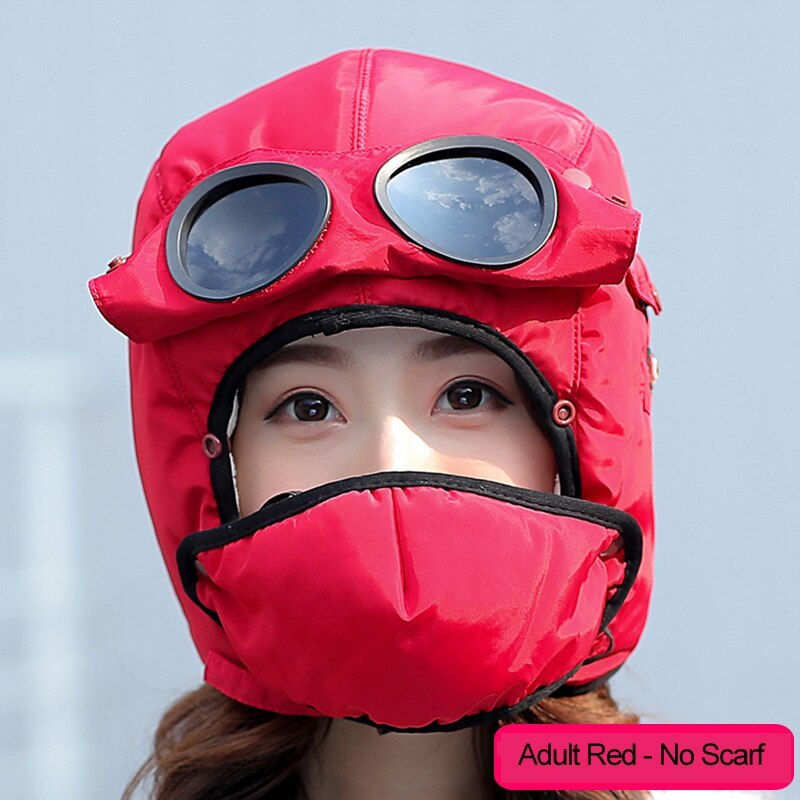 Warm Winter Wind Stopper Face Hats Outdoor Ski Masks Bike Cyling Beanies waterproof hood hat with glasses cool balaclava: Adult Red
