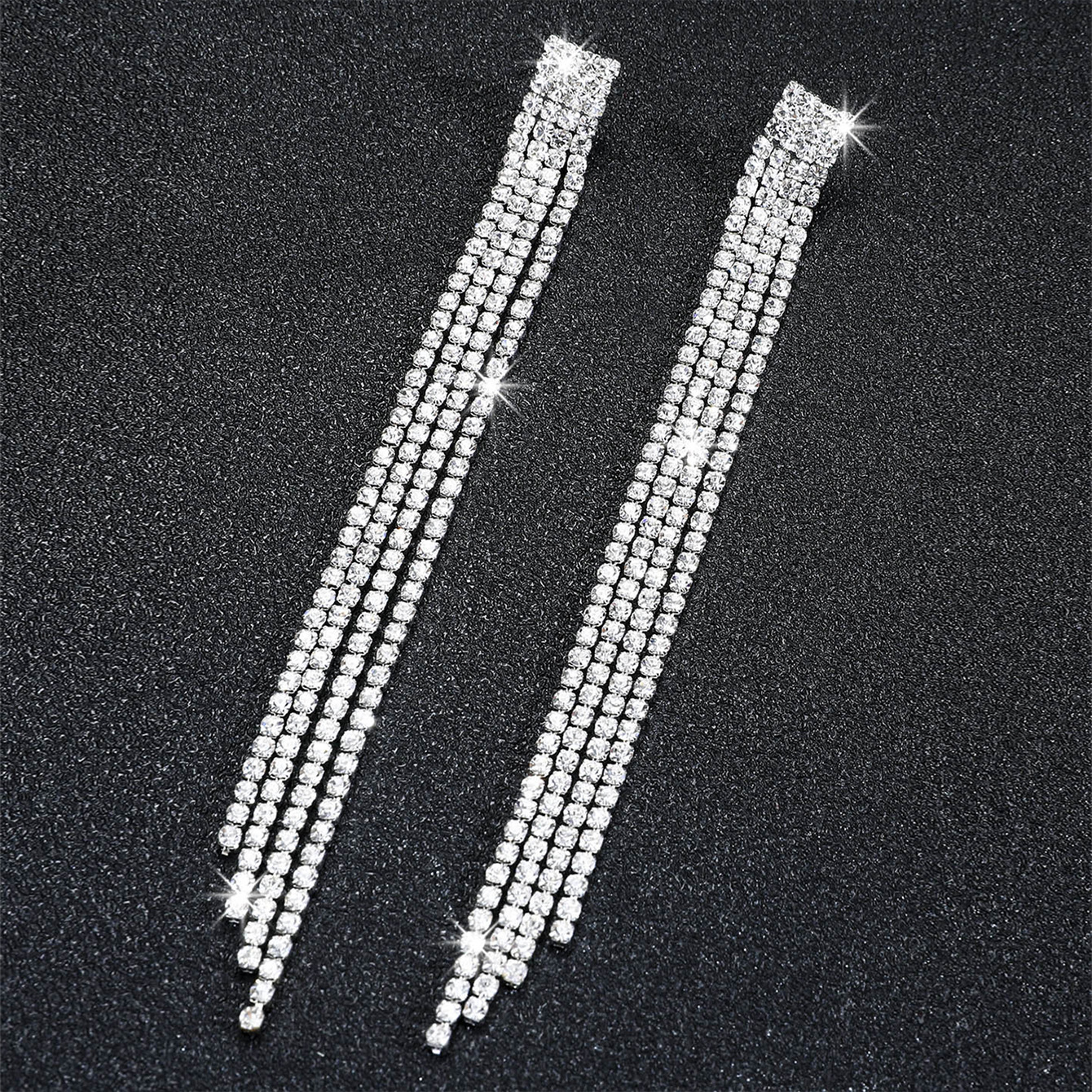 Treazy-Strass cristal borla brincos longos para mulheres, brincos pendurados pendurados, festa de casamento, brincos nupciais, brilhantes, 4 linhas