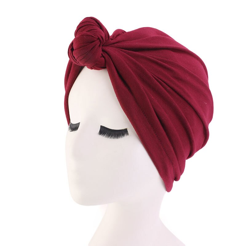 Kvinder boheme stil varm vinter efterår knude turban hat elastisk cloche cap blødt kors hår tilbehør muslim hat: Rødvin