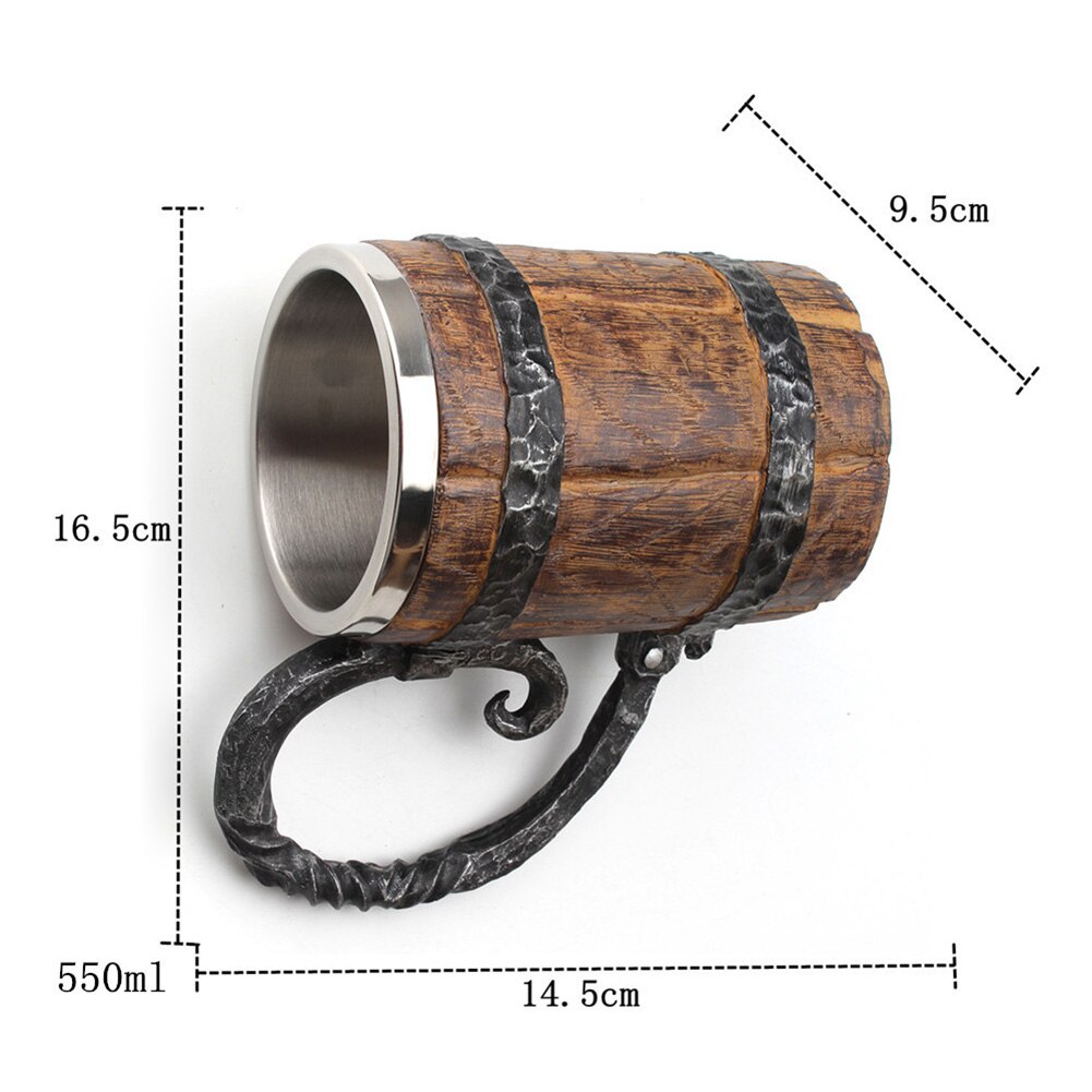 Retro træ tønde rustfrit stål harpiks 3d øl krus bæger spil tankard kaffekop vin glas krus 550ml bedst fik