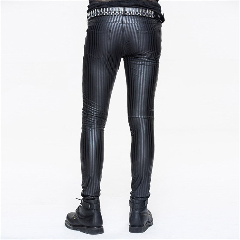 Steampunk Men Casual Leather Pants Mid Waist Black Striped Trousers Retro Casual Slim Fit Pants