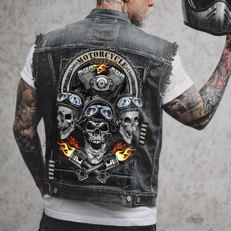 2024 nouvelle veste en jean pour hommes rétro moto veste en jean sans manches haute rue beau gilet de moto vêtements pour hommes: M. / Bleu