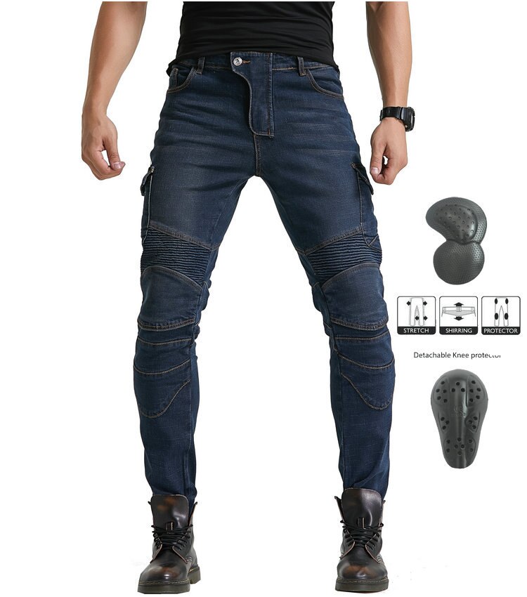 Pantaloni da moto, per uomo, Jeans in denim per motociclismo con armatura e 4 ginocchiere, Uomo, Army Green, 39W/32L