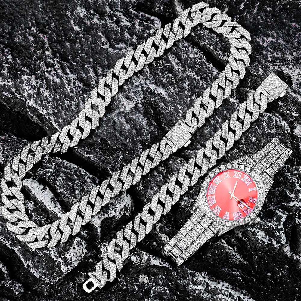 Reloj de cadena cubana de 16MM para hombre, Hip Hop, 3 uds., Miami, diamantes de imitación pavimentados, rapero, collar cubano, traje, reloj + pulsera, joyería: 45 cm / PLATEADO