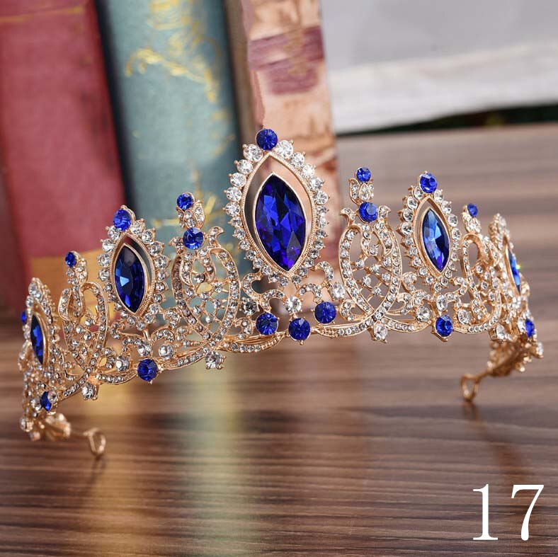 Baroque Luxury Handmade Rhinestone Bridal blue Crystal Big Crown Tiaras Diadem for Bride Headbands Wedding Hair Accessories: 17