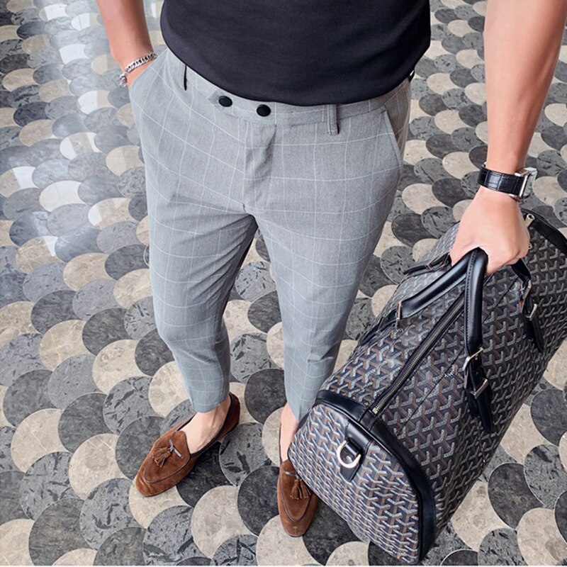 Pantalon Costume Spring Summer Plaid Casual Dress Ankle Pants Men's Social Trousers British Style Ankle-length Mens Dress Pants
