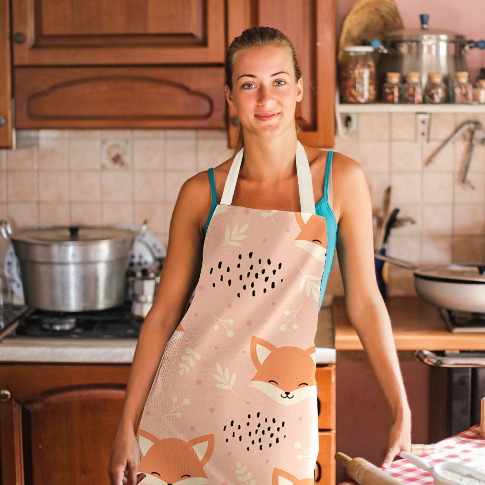 1Pcs Kitchen Cooking Apron Kitchen Lovely Cartoons Printed Home Sleeveless Cotton Linen Aprons for Men Women Baking Accessories: D