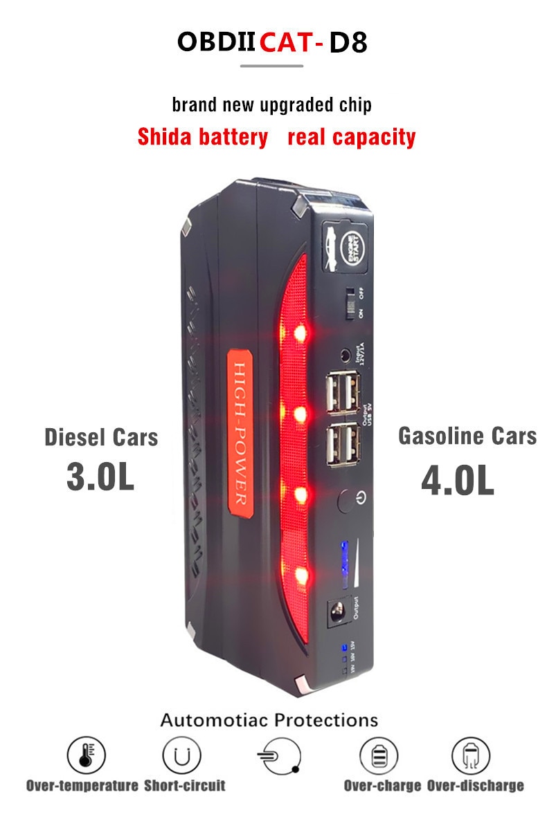 Obdiicat -d8 12v biloplader batteri benzin / diesel bil mobil multifunktions bil jump starter bærbar bil nødbatteri