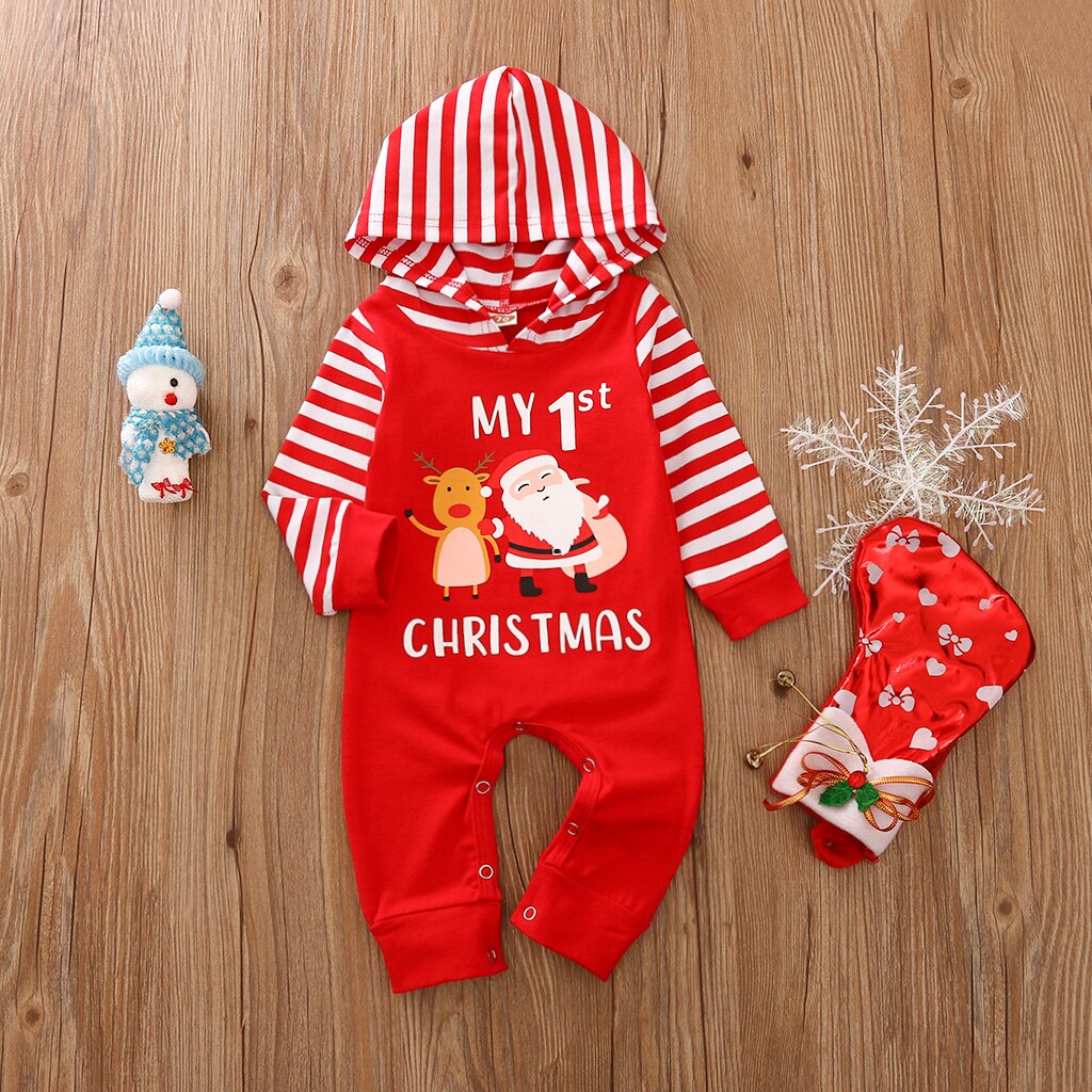 Pasgeboren Jongens Meisjes Kerst Jumpsuits Hooded Hals Streep Lange Mouw Cartoon Lange Romper Overall Kleding Ropa De Bebe