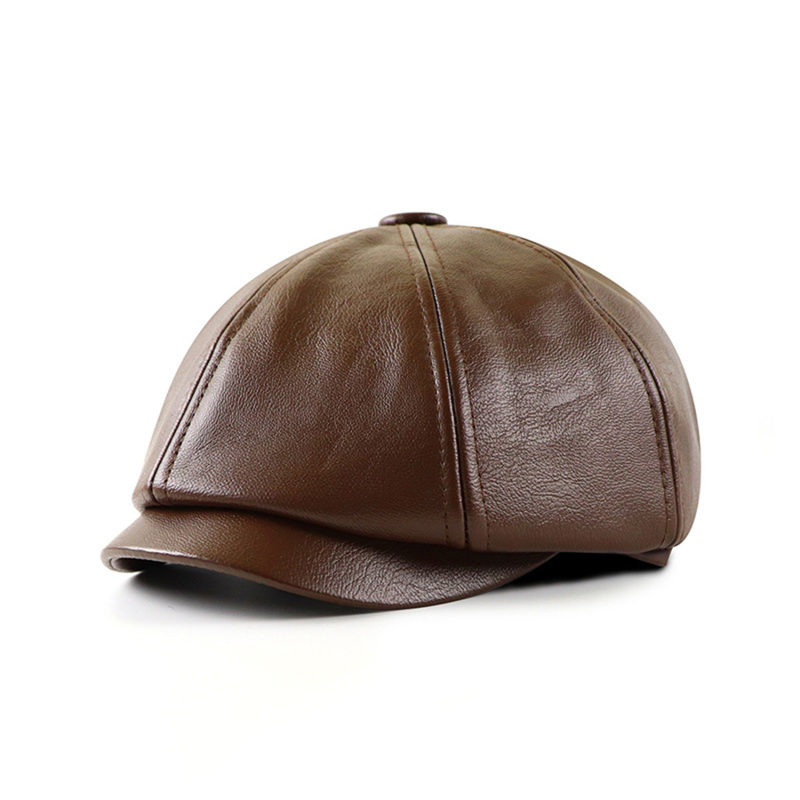PU Newsboy Caps Men Faux Leather Octagonal Hat Male Caps Retro Middle-Aged Duckbill Berets Black Detective Hats Painter Cap: Light Coffee