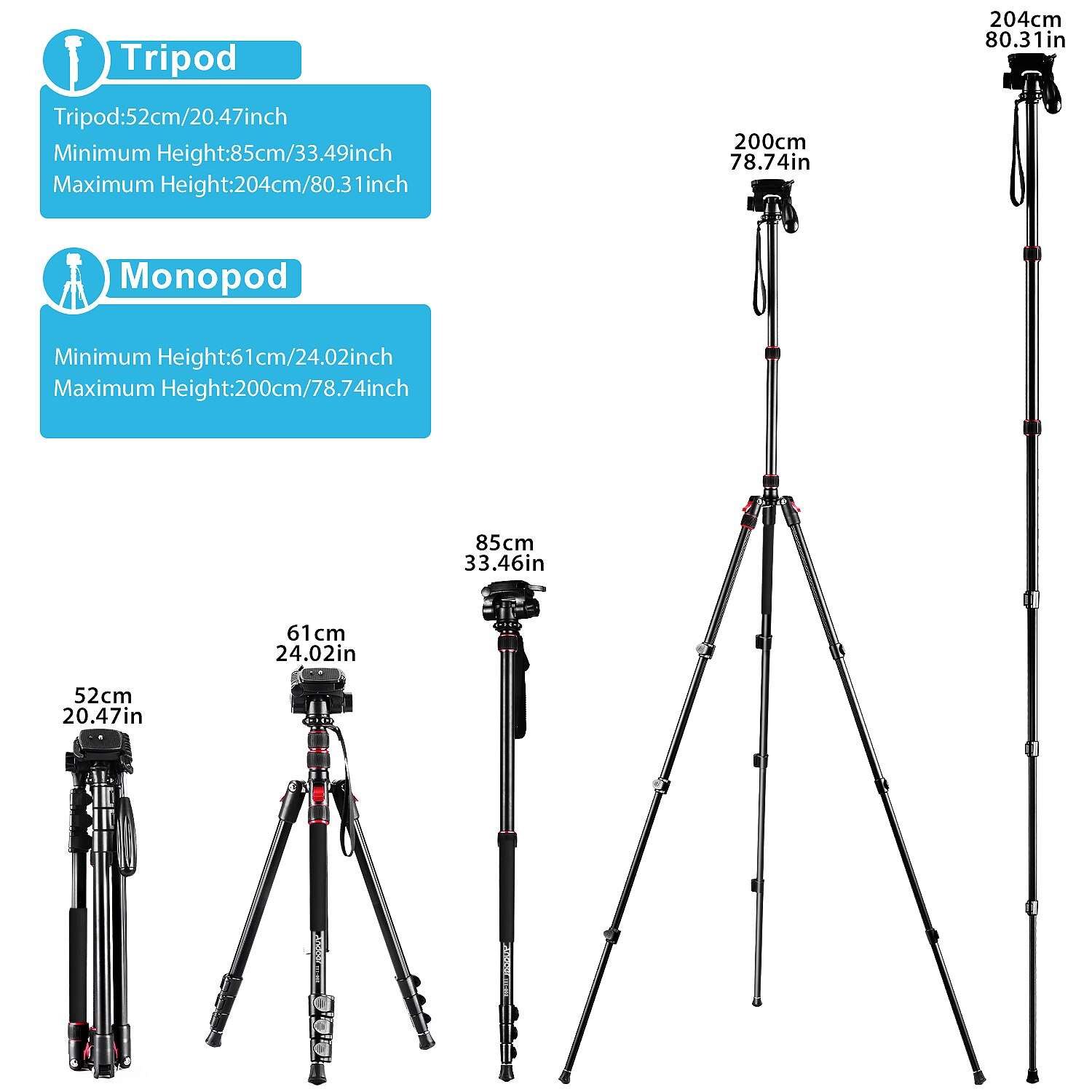 Andoer – trépied monopode 2 en 1, trépied de photographie en alliage d'aluminium, tête sphérique rotative de 200cm, charge de 5kg pour appareils photo DSLR