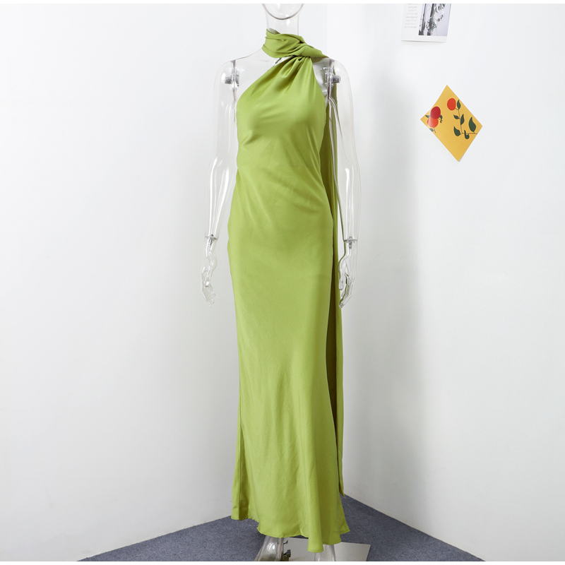 Ensfarvet bånd kvinder halterneck kjole off shoulder ærmeløs rygløs slanke kvindelige maxikjoler sommer chic dame kåbe: M / Grøn