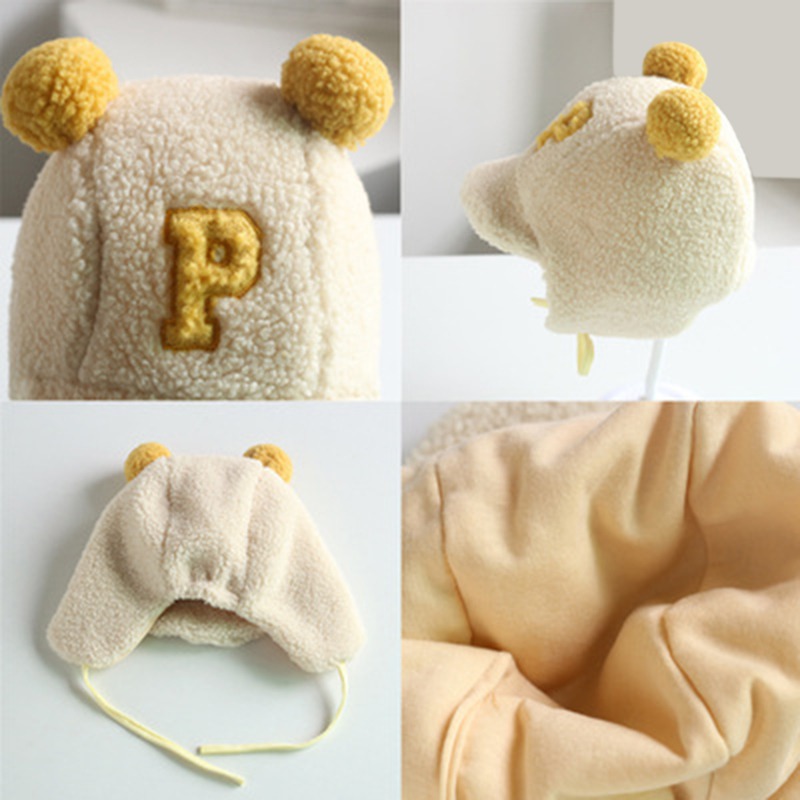 Inverno quente bebê meninos letra p cordeiro veludo earflap chapéu duplo pompom boné beanies para crianças criança gorro eargflap