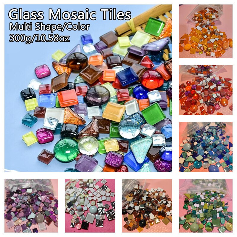 Perles de mosaïque en verre multicolores de 300g/10.58oz, rondes/triangles/carrées, pierres de mosaïque brillantes pour bricolage