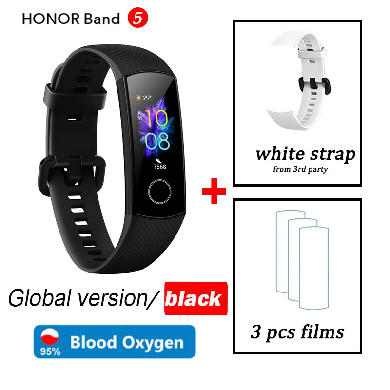 Honor band 5 wereldwijde versie smartband amoled hartslag fitness slaap zwemmen sport bloedzuurstofmeter: Zwart wereldwijd wit