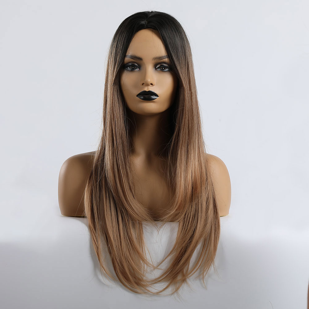 Lange Synthetische Wellenförmige Ombre Hellbraun Mittleren Teil Natürliche Haar Perücken Für Frauen Afrikanische Amerika Wärme Beständig Faser Perücken