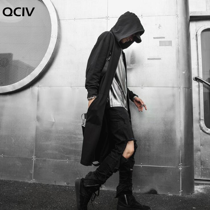 Gabardina larga con capucha para hombre, Chaqueta larga negra con cremallera, estilo hip hop, punk, con retales, para primavera y otoño