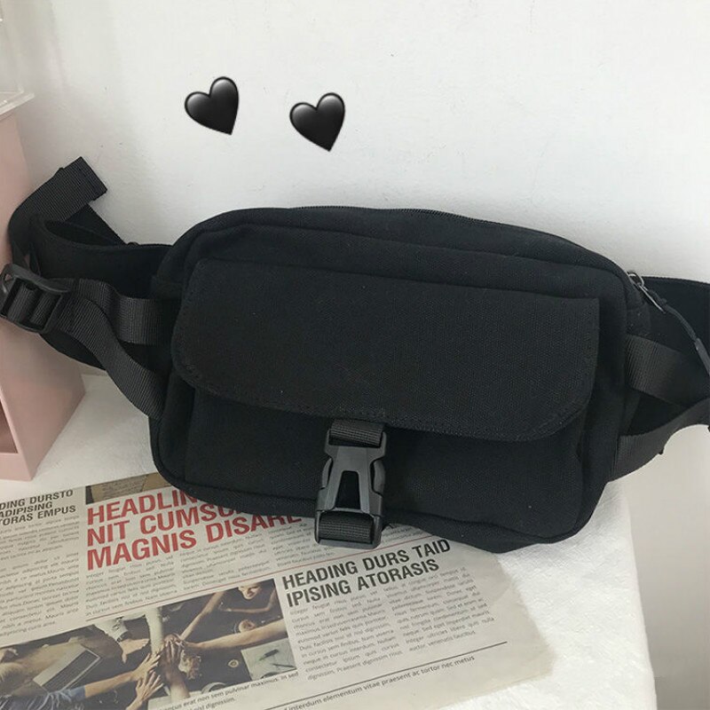 Riñoneras de estilo Harajuku para mujer, Canvans de carga combinables, a la , sencillas, Ulzzang, carteras para estudiantes, bolso diario: black