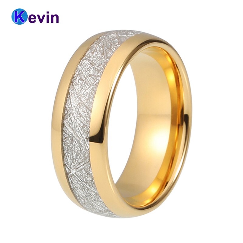 Gouden Ring Tungsten Wedding Band Met Witte Meteoriet Inlay Breedte 8mm
