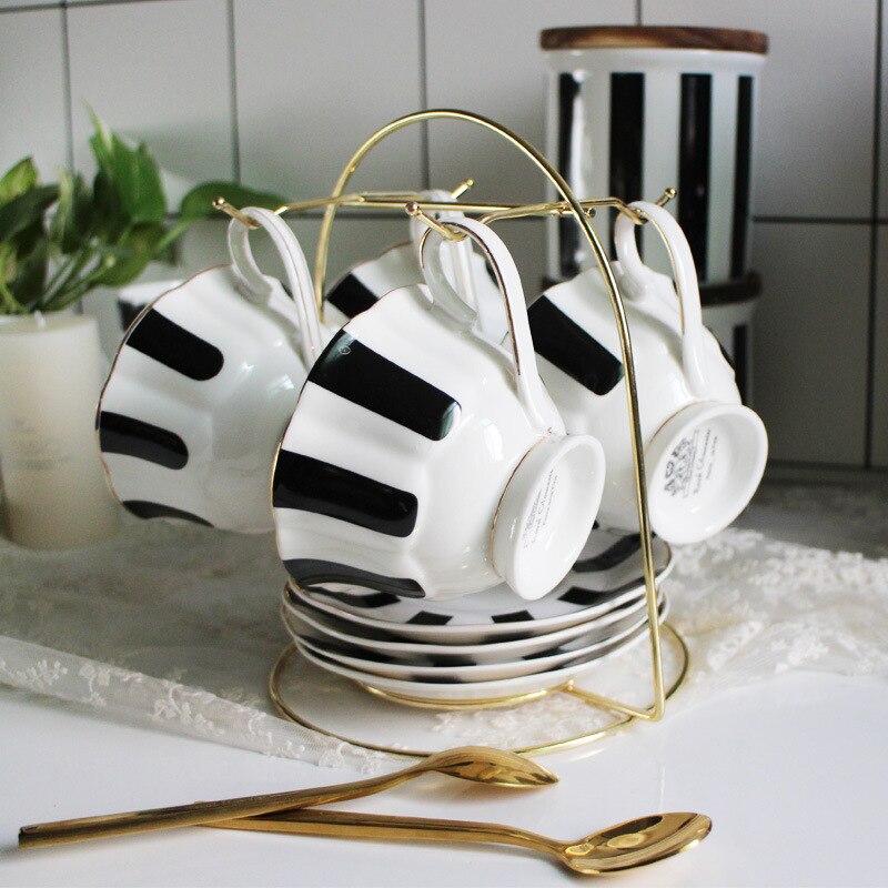 200ml Retro British Tea Coffee Cup and Saucer Set Black Polka Dot Stripes Pattern Ceramic Cups