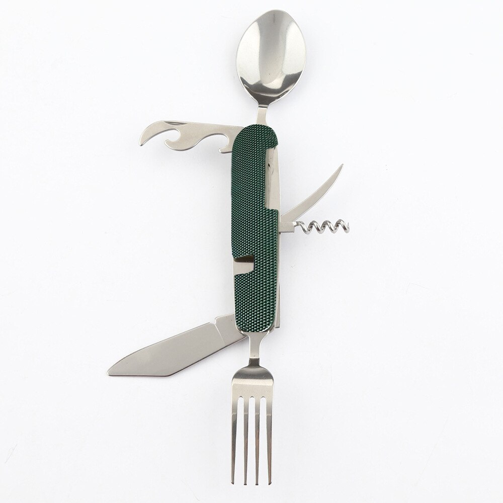 Vajilla utensilios de doble tenedor-cuchara tenedor puede abridor cubiertos cuchara cuchillo portátil cubiertos de campamento, pícnic multi herramienta multitool: Verde