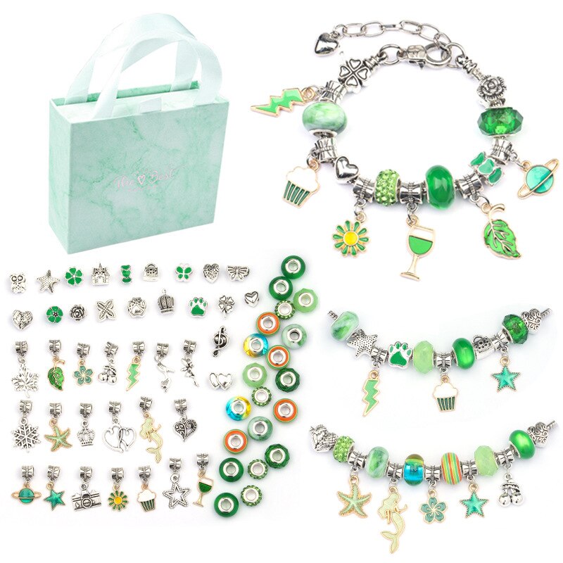 Mädchen DIY Charme Armband Halsketten Schmuck Machen Kit mit Rosa Box für Mädchen Frauen Valentines Geburtstag Weihnachten: green