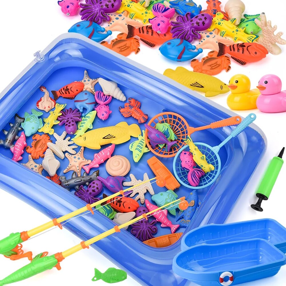 Juego de pesca con imanes para niños, juguetes de agua con imán de piscina inflable, caña de pescar, 15-68 piezas
