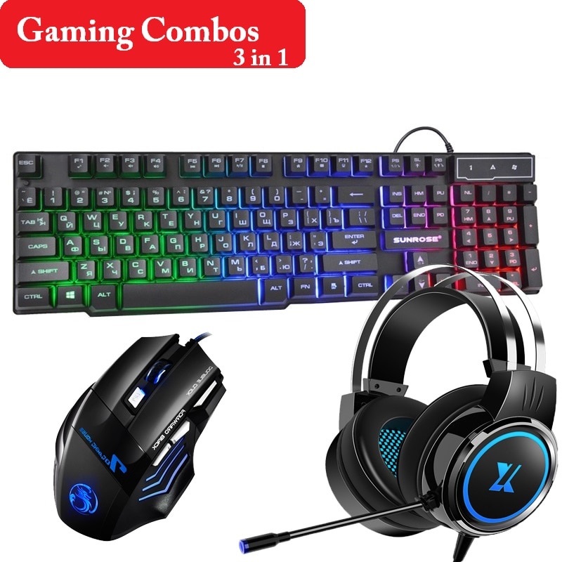 3 in 1 Gaming Keyboard Mouse Earphone Sets 3 Color Backlit EN/RU Keyboard 2400DPI Gaming Mice Headset Microphone For Laptop PC
