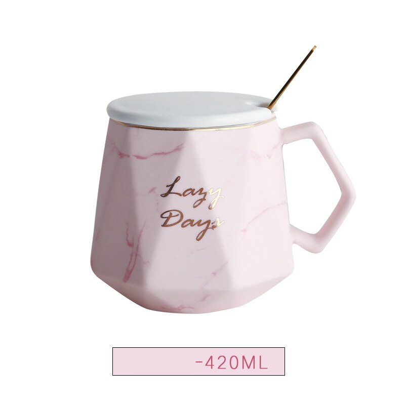 Marble Glazes Ceramic Mug Porcelain Rhombus Shaped Drinking Tea Mugs Breakfast Office Water Coffee Cups for Men Women: Pink with  Cover