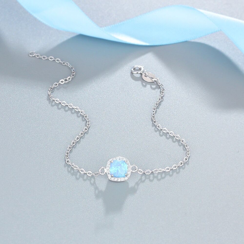 Jewelora 925 Sterling Zilveren Vierkante Gemaakt Blue Opal Armbanden Met Zirconia Chain Armbanden En Armbanden Voor Vrouwen