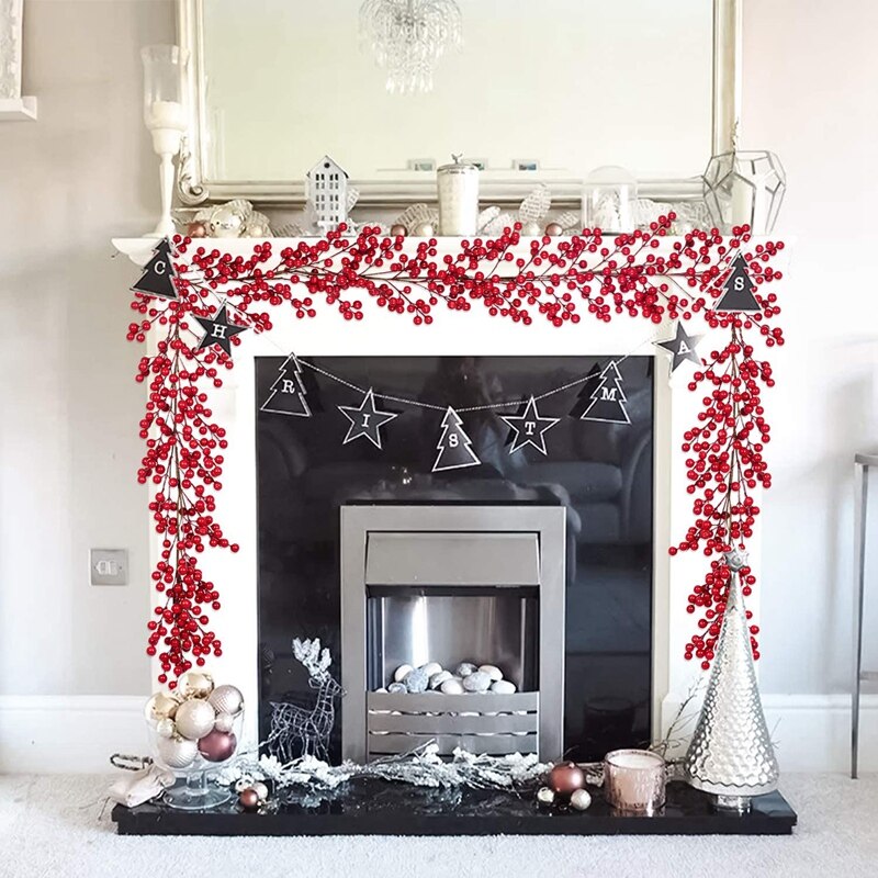 Guirnalda navideña de bayas rojas de 6,39 pies, guirnalda de bayas artificiales flexibles para decoración de chimenea para decoración navideña de invierno