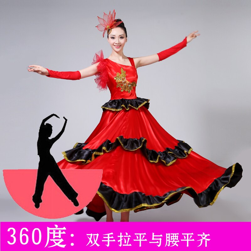 Spanish Bullfight Dress Flamenco Performance Costume Opening Dance Full-skirt Adult Female Sequin Large Swing Dress H562: Red360 / S