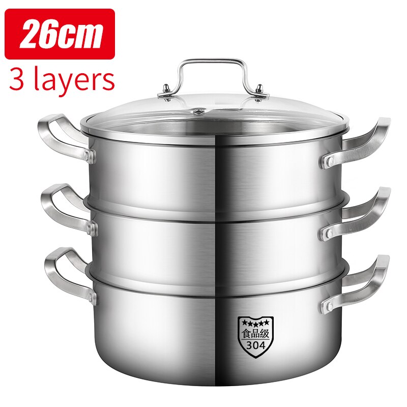 House Kitchen Steam Pot Soup Pot Stainless Steel Pot Multi-function Cookware Pot Multi-layers Pot: 26cm-Three Layer