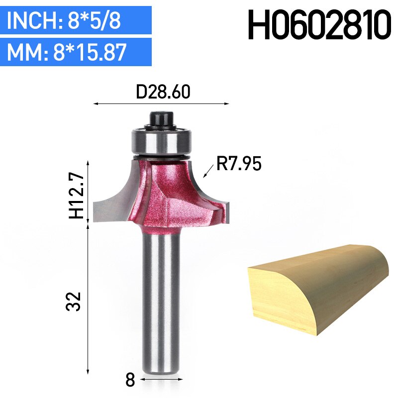 HUHAO 1pcs 8mm Shank Round-Over Router Bits for wood Woodworking Tool endmill with bearing milling cutter Corner Round Over Bit: H0602810
