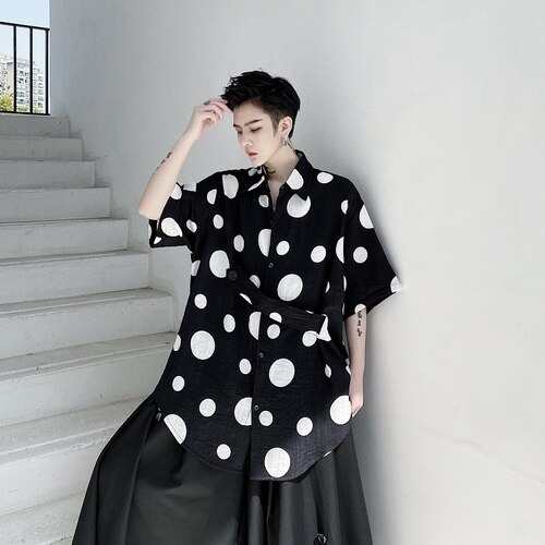 Men Cotton Linen Casual Short Sleeve Polka Dot Shirt Male Japan Karajuku Korea Streetwear Loose Shirts Black White: 2189 black / L