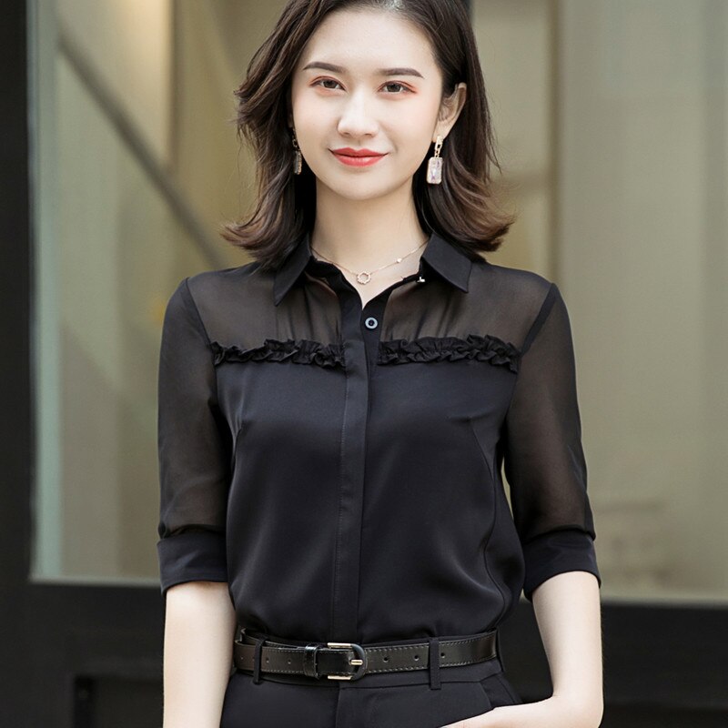 Half Sleeve Shirt Women Chiffon Summer Temperament Formal Blouses Office Ladies Plus Size Work Tops