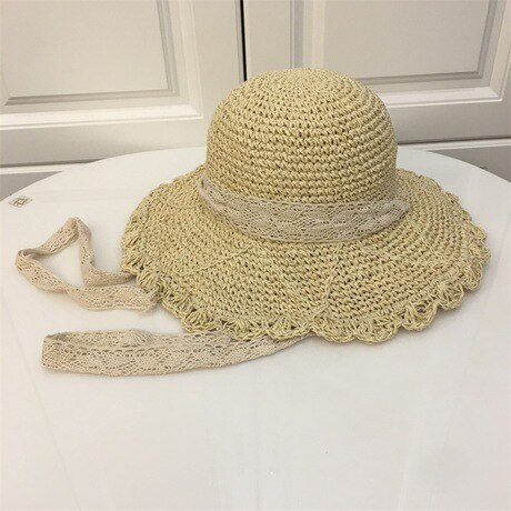 Kant Winddicht Tie Met Grote Rand Papyri Zonnehoed Voor Dames Zomer Outdoor Zonnehoed Opvouwbare: WHITE