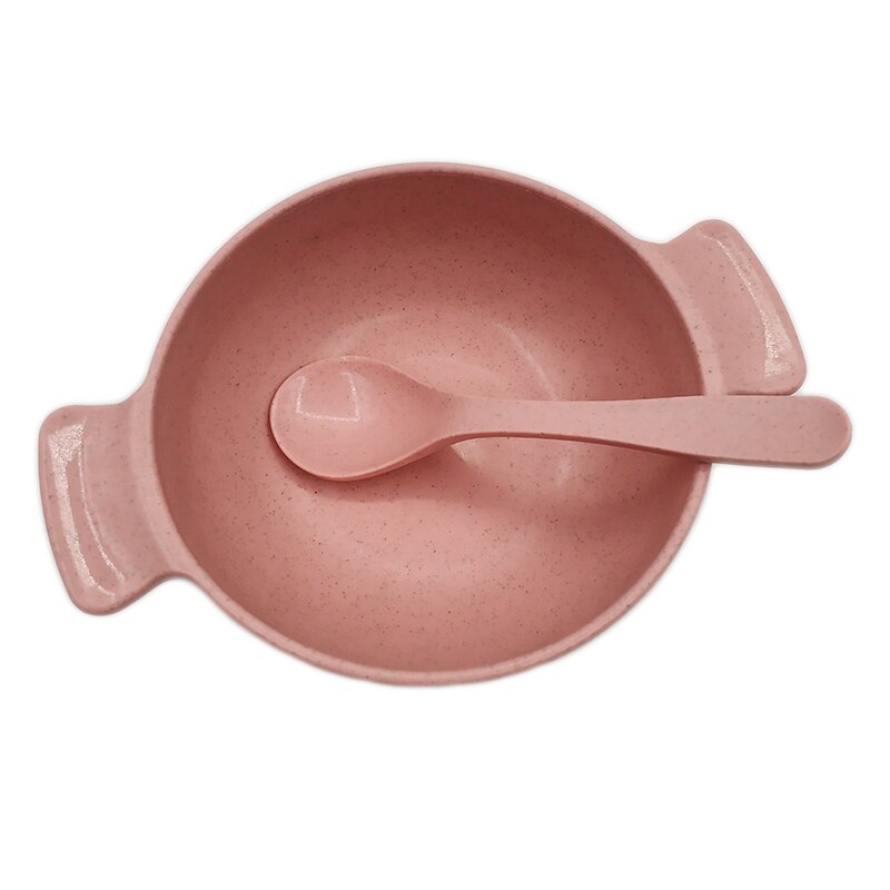 2pcs Baby Feeding Tableware Set Eco-Friendly Wheat Straw Infant Plate Children Dish Dinnerware Kids Anti Training Bowl+Spoon: Pink