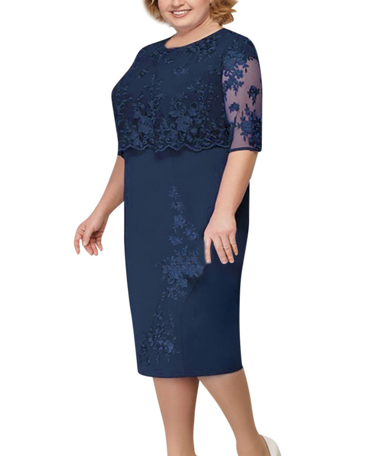 Dam plus size spets kvällsklänning blå klänning till brudens mor o-ringad klänning för bröllopsgäster km -1825: L / Marinblå