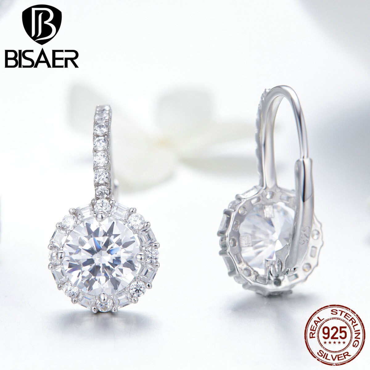 BISAER Klassische 925 Sterling Silber Runde Zirkon Ohrringe Einfache Kreis CZ Zucht Ohrringe für Frauen Hochzeit Schmuck ECE508