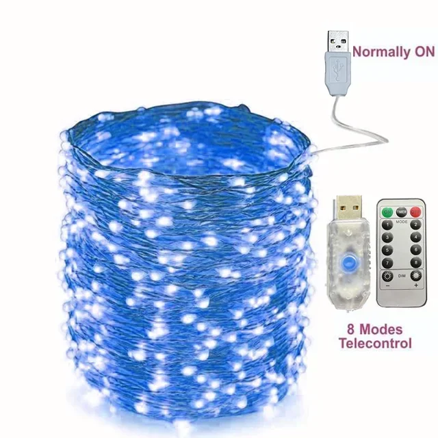 Guirnalda de luces Led USB, 5M/10M/20/30M, telecontrol, 8 modos, luces de Control remoto, guirnaldas de hadas, lámparas de decoración para bodas, Navidad y vacaciones: Azul / O
