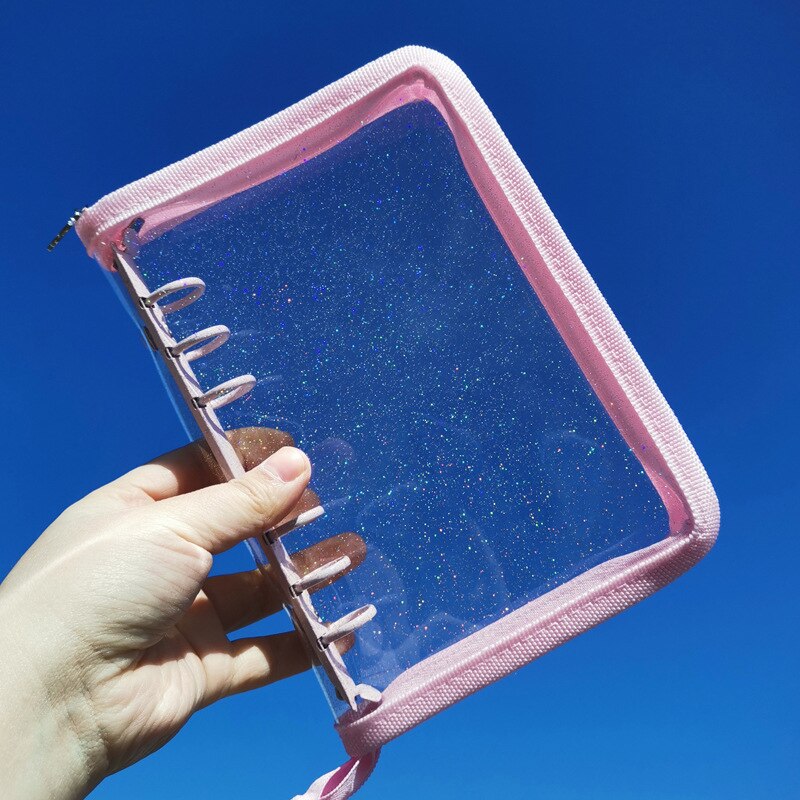 A5 A6 Losbladige Notebook Cover Glitter Rits 6 Gat Bindmiddel Clip Notepad: Roze