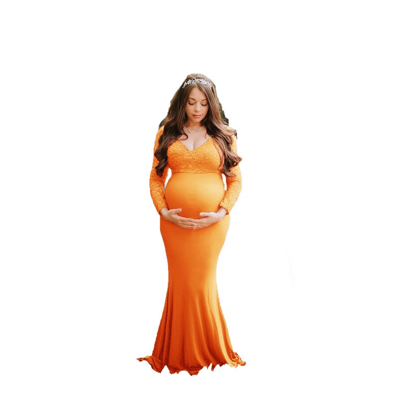 Lace Maternity Dresses for Photography Maternity Photo Shoot Outfit Maxi Gown Pregnancy Women Lace Long Dress: orange